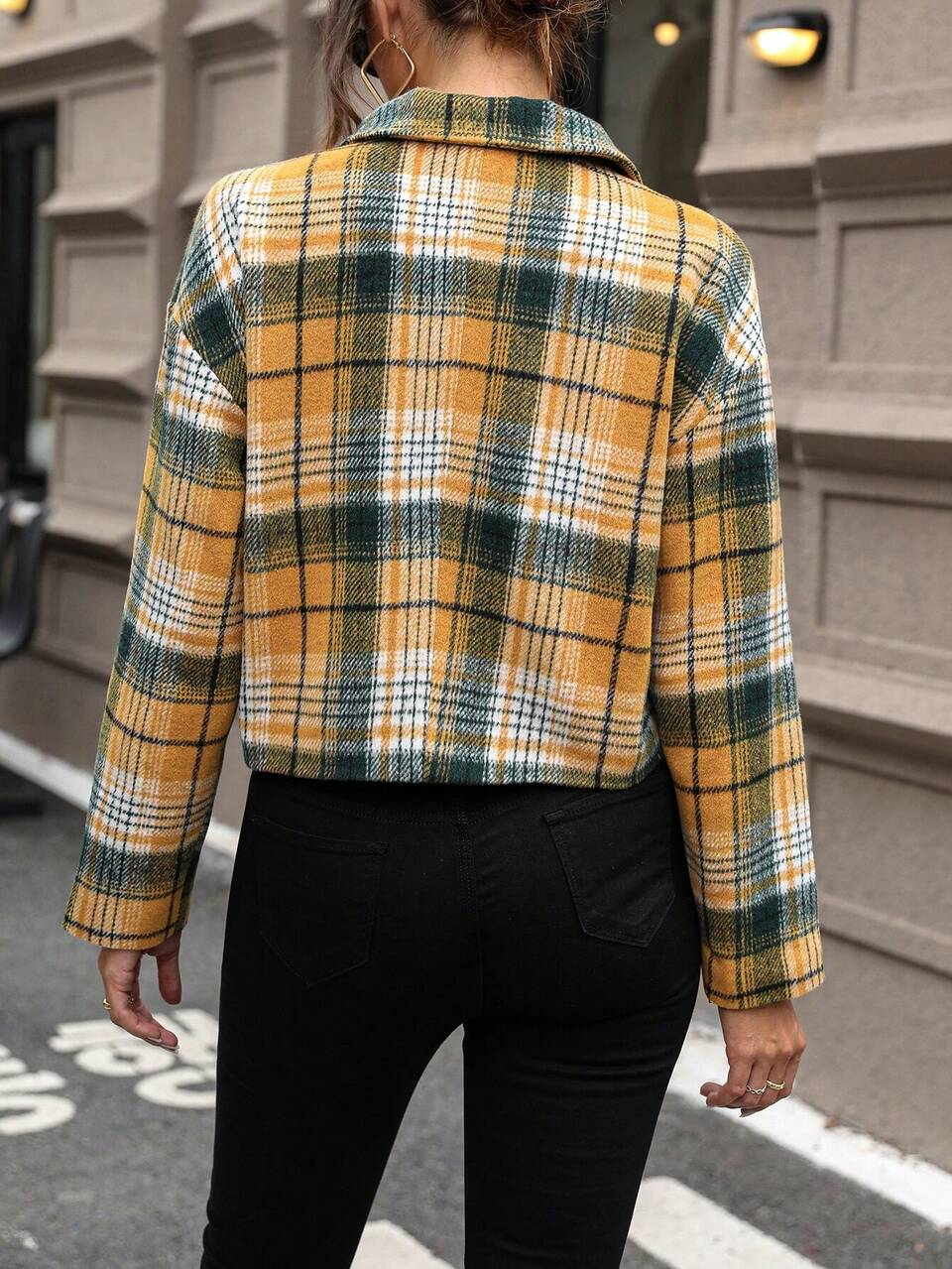 Plaid Print Drop Shoulder Flap Pocket Jacket Fall Cloth For Women