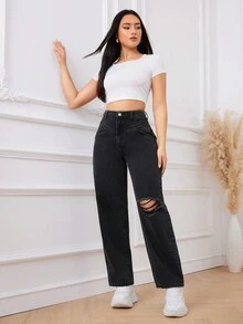 SHEIN Privé Rách Quần legging thẳng - màu đen - Xem 4