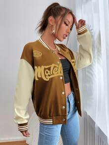 SHEIN Unity Áo khoác sọc họa tiết Letter Graphic Colorblock thả vai - màu nâu - Xem 7