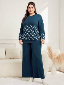 Mulvari Hơn Mô hình Chevron Thả vai Áo len & Quần dệt kim - Màu xanh ngọc - Xem 6