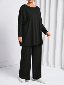 Auralis Plus Batwing Sleeve Solid Tee & Pants Spring - Black - View 4