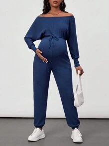 SHEIN Maternity Off Shoulder Knot Front Jumpsuit - Blue - View 4