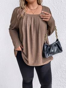 SHEIN LUNE Hơn Cổ vuông Xếp nếp Áo thun - màu nâu - Xem 1