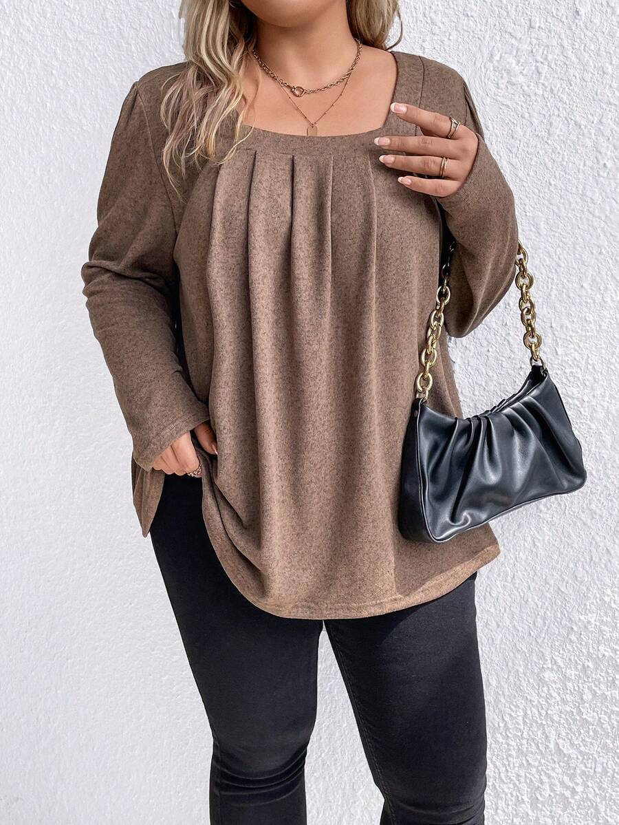 SHEIN LUNE Hơn Cổ vuông Xếp nếp Áo thun - màu nâu - Xem 1