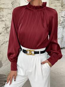 SHEIN Privé Frill Neck Raglan Sleeve Pleated Detail Blouse - Burgundy - View 1