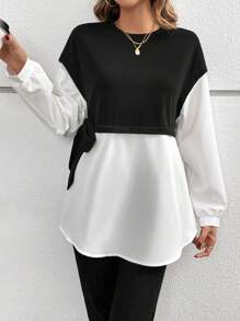 SHEIN Frenchy 雙色落肩袖側打結假兩件上衣 - 黑與白 - 查看 5