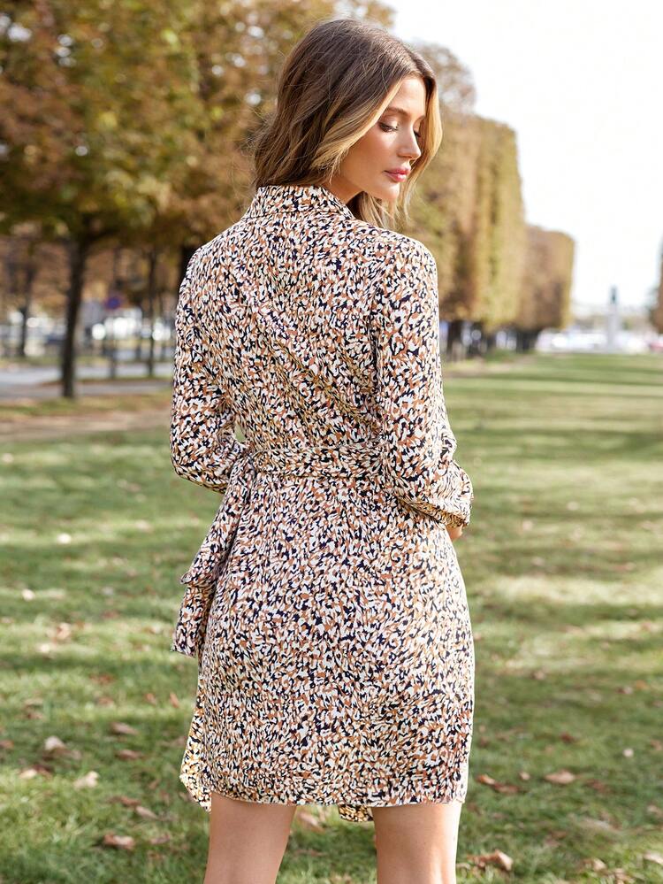 SHEIN Frenchy Allover Print Ruched Belted Dress Winter Vacation Leopard Cheetah Flower - Multicolor - View 2