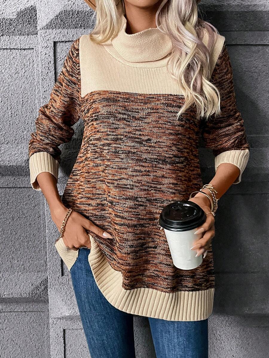 SHEIN LUNE Turtleneck Space Dye Sweater - Rust Brown - View 1