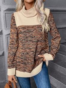 SHEIN LUNE Turtleneck Space Dye Sweater - Rust Brown - View 3