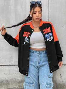 SHEIN Coolane Hơn Đồ họa Chữ cái Khối màu Thả vai Áo khoác bomber - Nhiều màu - Xem 4