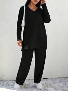 EURMUSE Plus Solid Split Hem Tee & Wide Leg Pants - Black - View 1