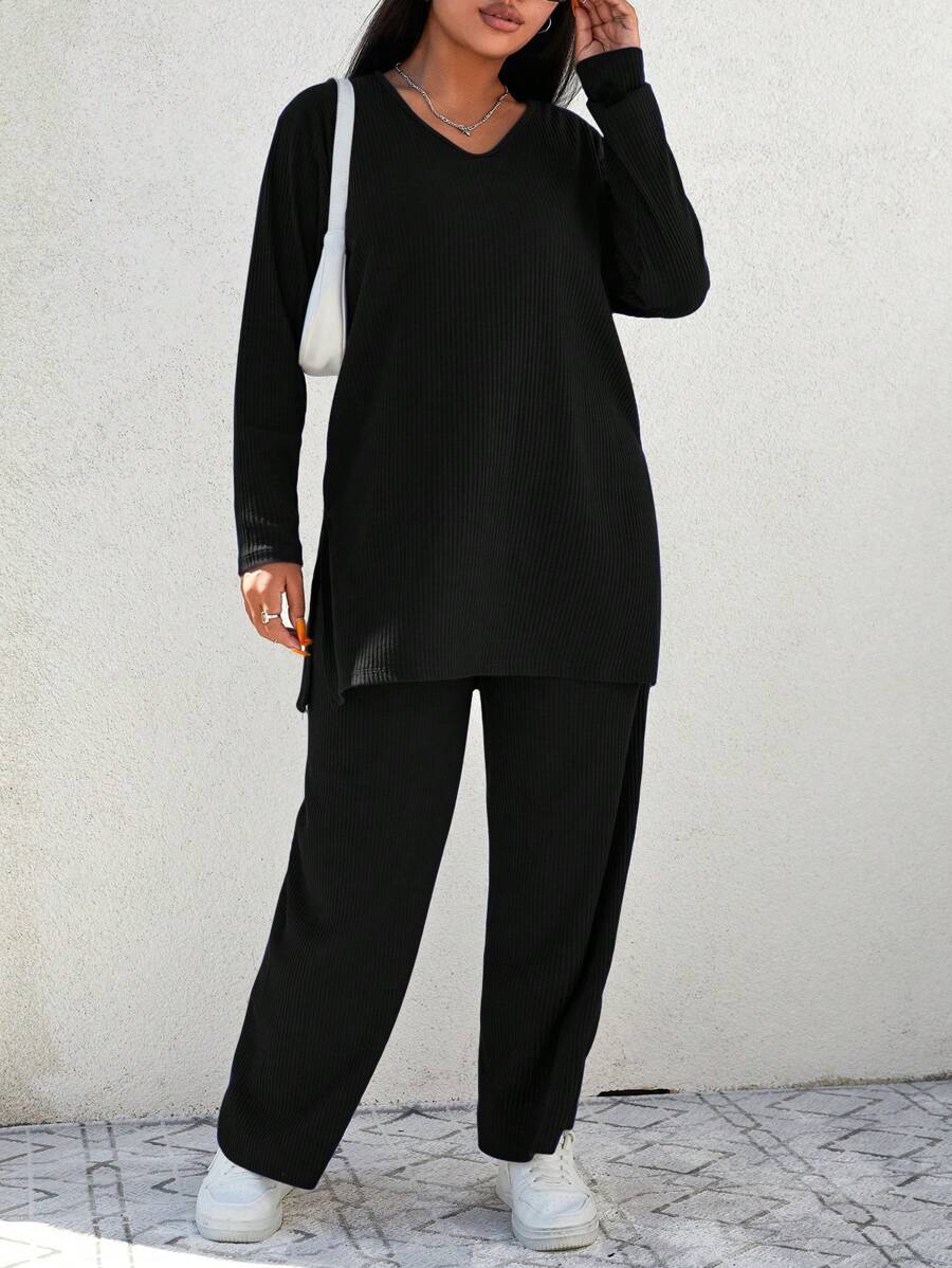EURMUSE Plus Solid Split Hem Tee & Wide Leg Pants - Black - View 1
