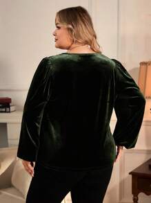 SHEIN Clasi Hơn Trang trí ren Tay áo lồng đèn Nhung Áo thun - màu xanh lá - Xem 2