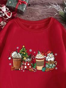 SHEIN EZwear 聖誕圖案落肩袖運動衫 - 紅色 - 查看 5