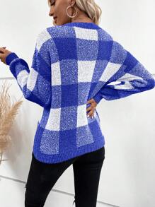 SHEIN LUNE Họa tiết kẻ sọc trâu Thả vai Áo len - Xanh đậm - Xem 2