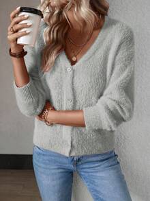 SHEIN Essnce 素色前紐扣毛茸茸開襟衫 - 灰色 - 查看 4