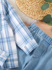 SHEIN 男小童格紋印花襯衫&牛仔褲