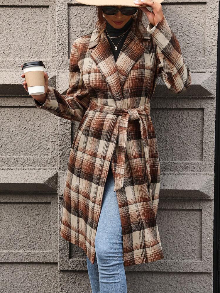 Plaid Print Lapel Neck Belted Overcoat Fall Cloth For Women