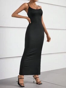Chiquease Women's Solid Color Mermaid Hem Long Fitted Elegant Spaghetti Strap Dress - Black - View 3