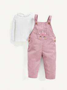 Cozy Pixies Baby Girl Solid Tee & Cartoon Graphic Button Detail Overalls