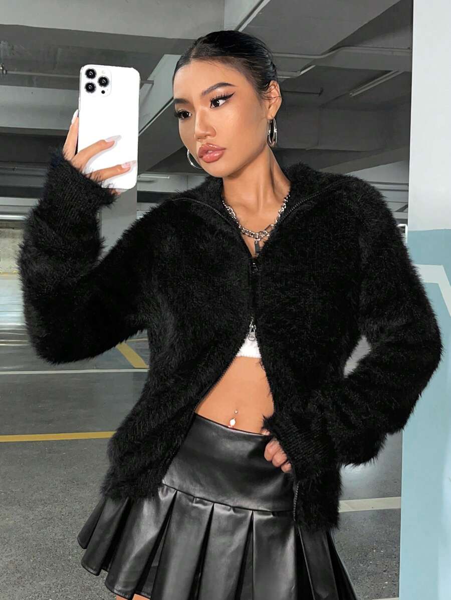 Muchica Women's Zip-front Cardigan - Black - View 1