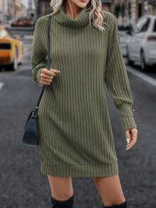 SHEIN LUNE Cowl Neck Drop Shoulder Ribbed Knit Dress - Army Green - View 4