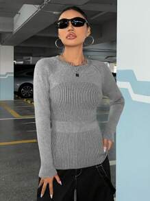 SHEIN EZwear Pull Unicolore Côtelé Manches Raglan