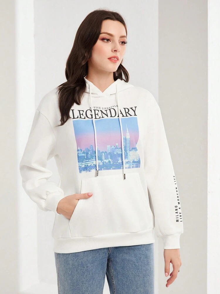 Lettering And Architectural Kangaroo Pocket Drawstring Hooded Sweatshirt