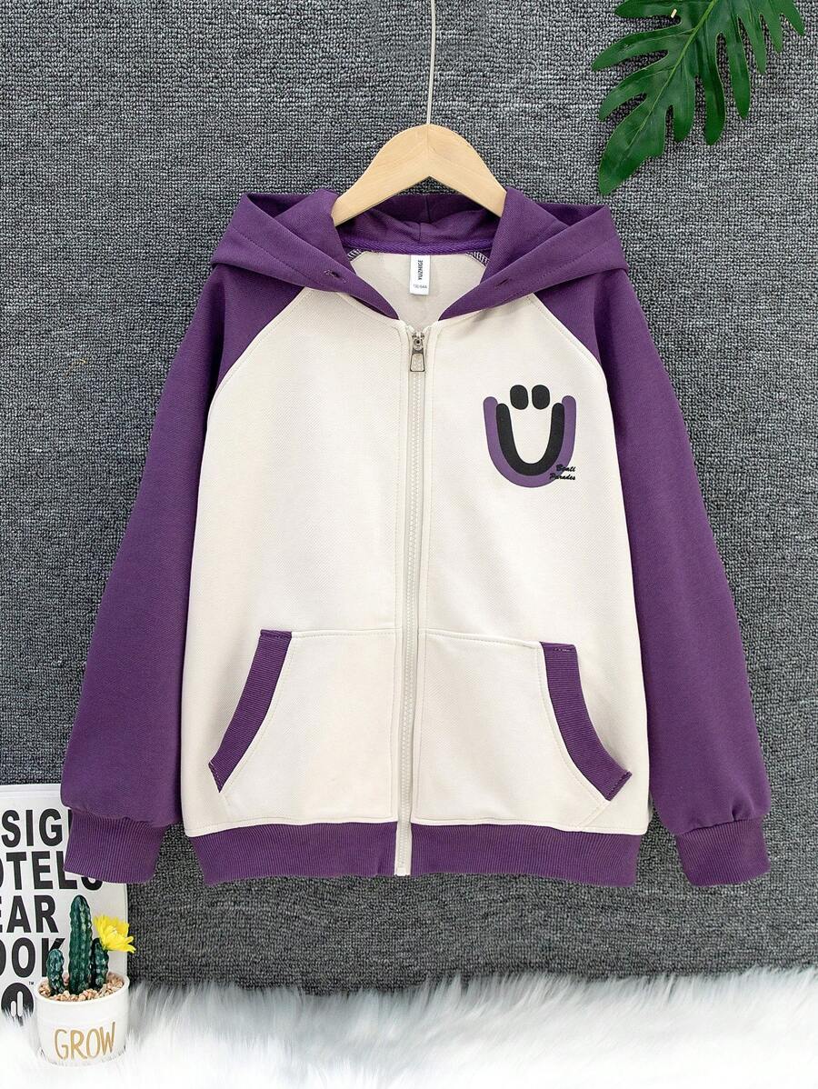 Cậu bé Tween Cartoon & Đồ họa chữ cái Tay Raglan Hai âm áo có mũ Áo khoác - Màu tím - Xem 1