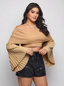 SCINTILLA Designer Plus Off Shoulder Flare Sleeve Crop Top, For Holiday, Vacation, Spring, Going Out, Festival, Ibiza Fits - Camel - View 5