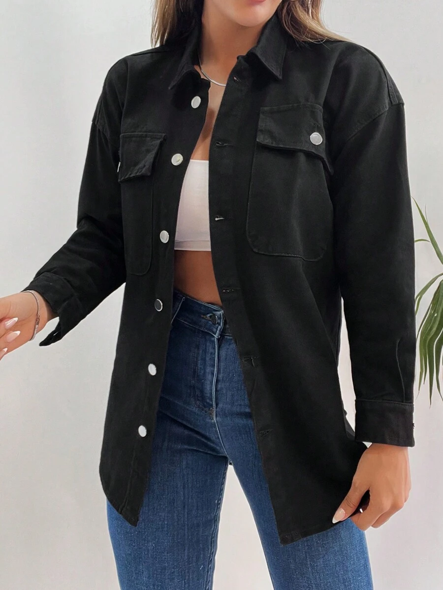 EURMUSE Women's Casual Versatile Solid Color Denim Jacket, Autumn - Black - View 1