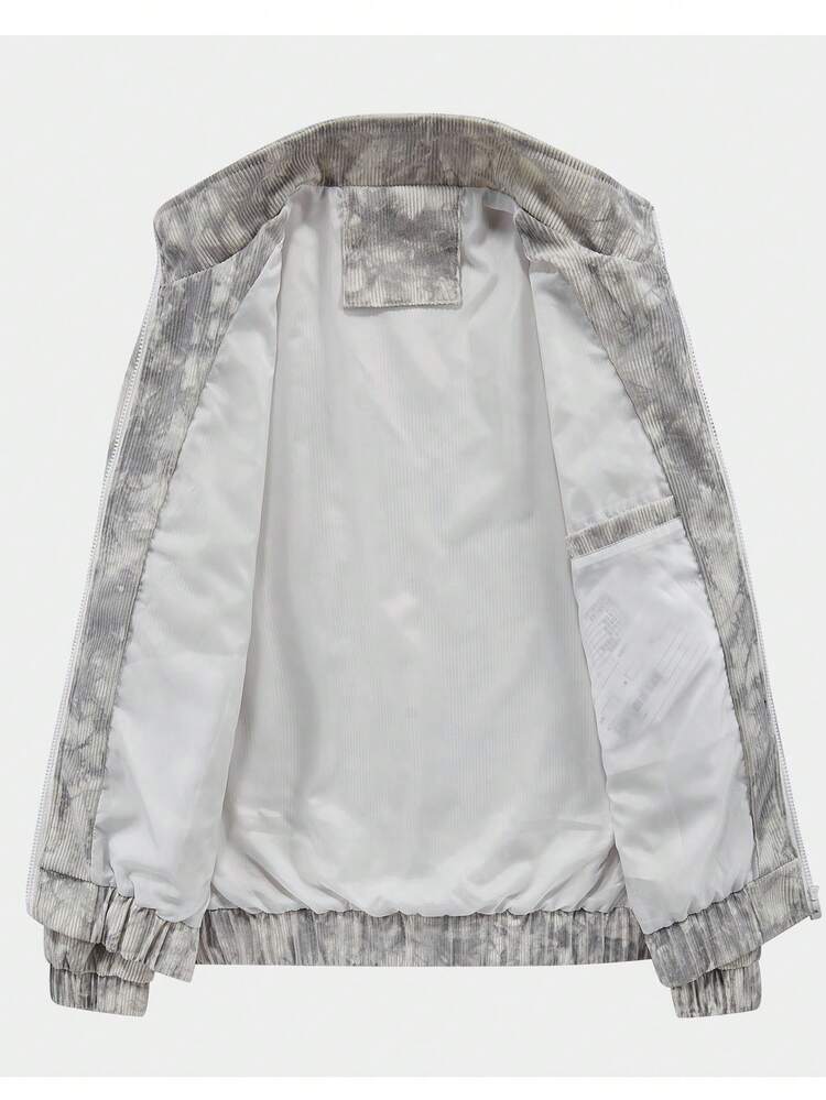 Loose Men's Tie Dye Letter Patch Detail Zipper Jacket Without Inner Fleece , Corduroy