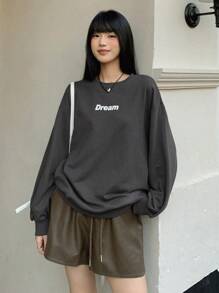 DAZY 字母图案落肩超大套头衫，秋装运动衫 - 深灰色 - 查看 5