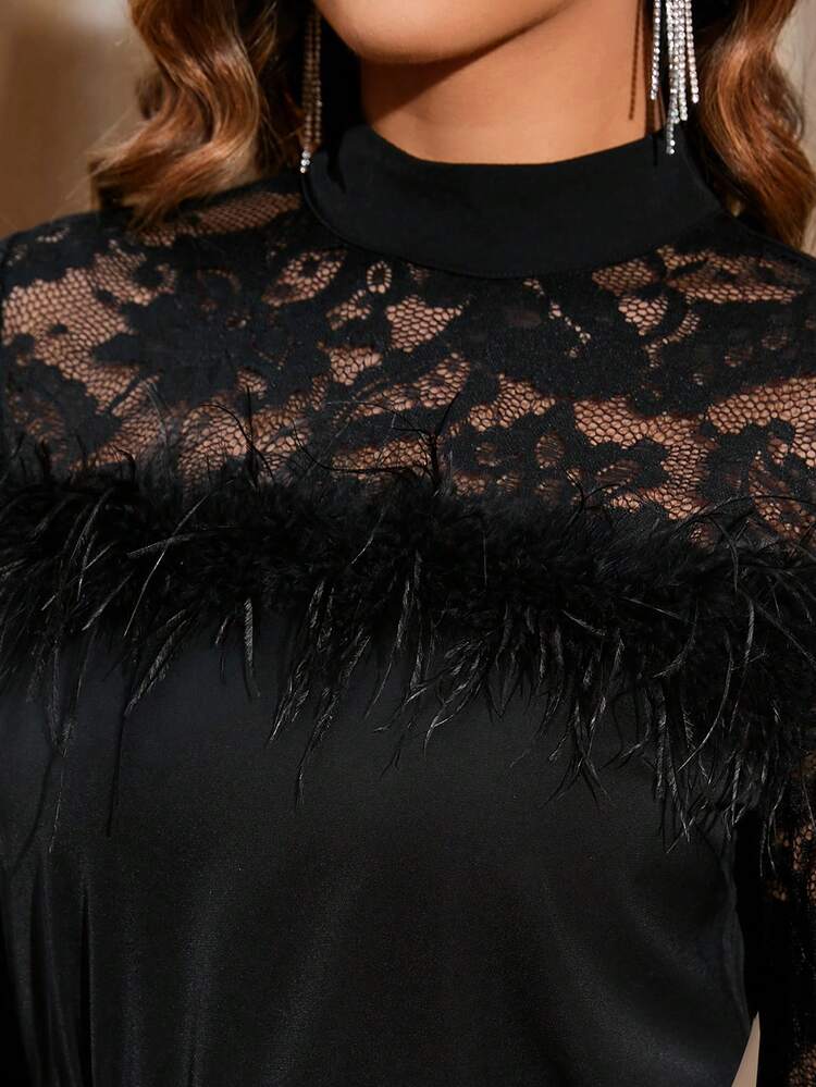Ladies Lace Patchwork Stand Collar Feather Dress