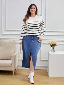 SHEIN Essnce Hơn Mẫu sọc Chi tiết Nút Áo len - Nhiều màu - Xem 6