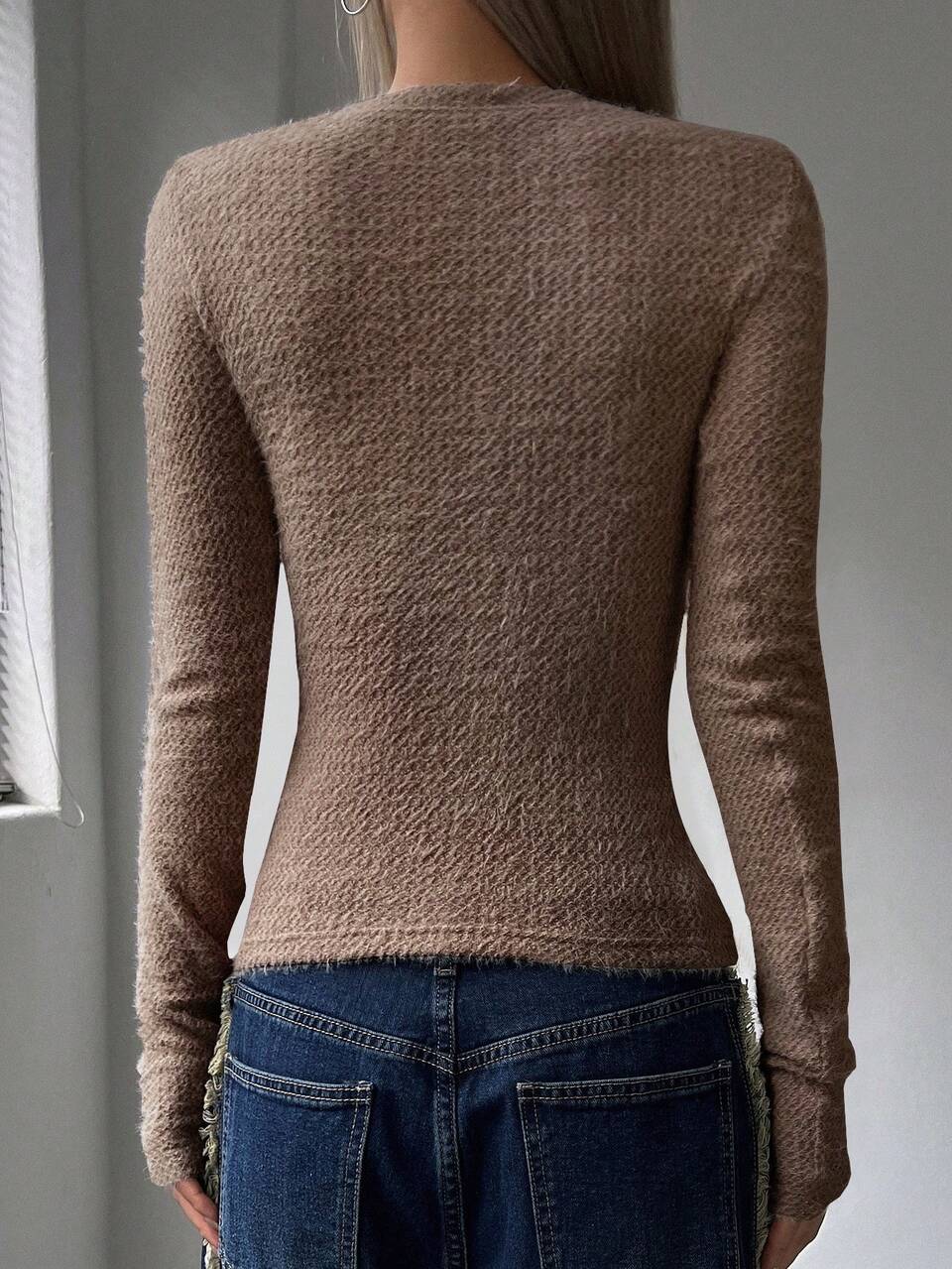 Solid Round Neck Tee Long Sleeve Women Tops