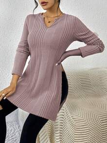 SHEIN Essnce Notched Neck Split Hem Tee - Purple - View 6