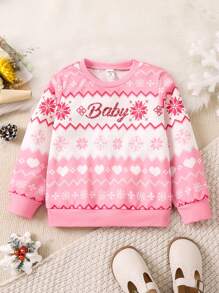 SHEIN Young Girl Geo & Letter Graphic Sweatshirt - Pink - View 1