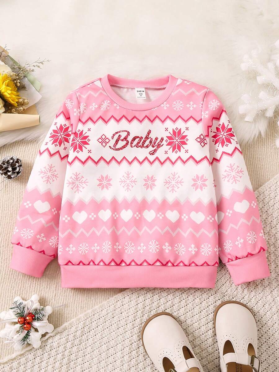 SHEIN Young Girl Geo & Letter Graphic Sweatshirt - Pink - View 1