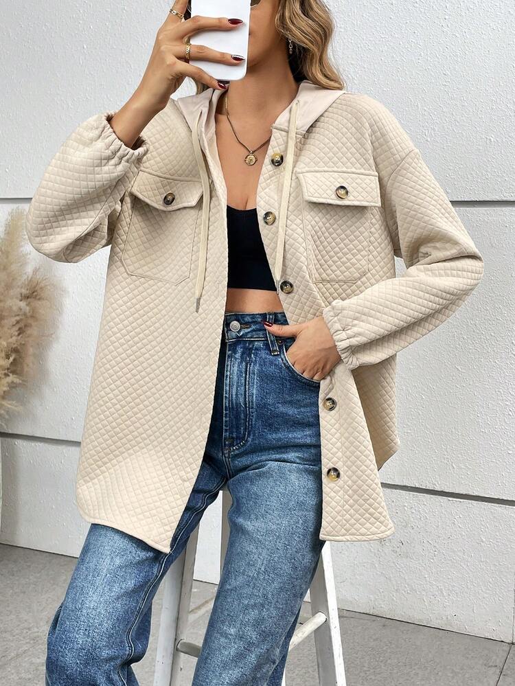 Flap Pocket Drop Shoulder Drawstring Hooded Coat