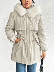 SHEIN Essnce Eo dây rút Trang trí Fuzzy áo có mũ Áo khoác Parka - Màu Khaki - Xem 6