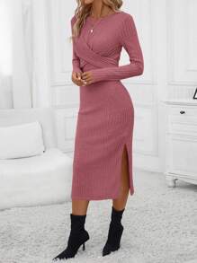 SHEIN Clasi Chất rắn Tách đùi Váy bodycon - Bụi hồng - Xem 6