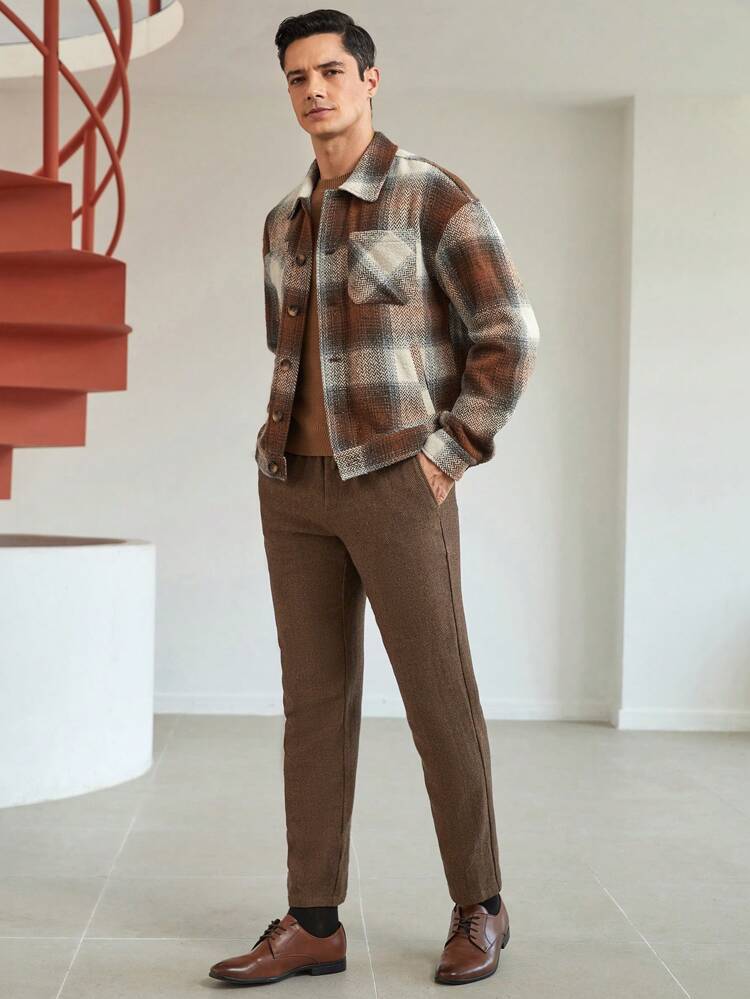 Loose Fit Men's Plaid Single Pocket Drop Shoulder Overcoat