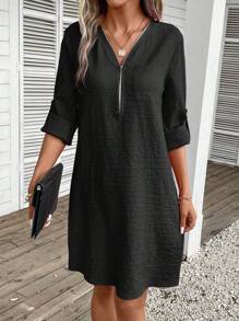 EMERY ROSE Roll Tab Sleeve Zip Half Placket Tunic Dress - Black - View 3