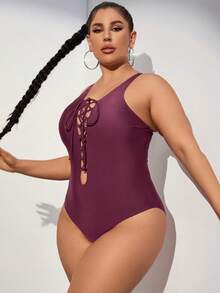SHEIN Swim Curve Plus Size Solid Color Bandeau One-Piece Swimsuit, For Summer Beach Vacation - Red Violet - View 3