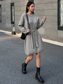 Dazy Star Drop Shoulder Belted Sweater Dress,Fall Women Clothes - Grey - View 4