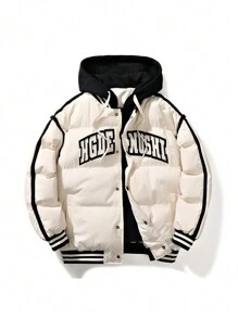 Men Letter Graphic Striped Trim Hooded Padded Coat - White - View 1