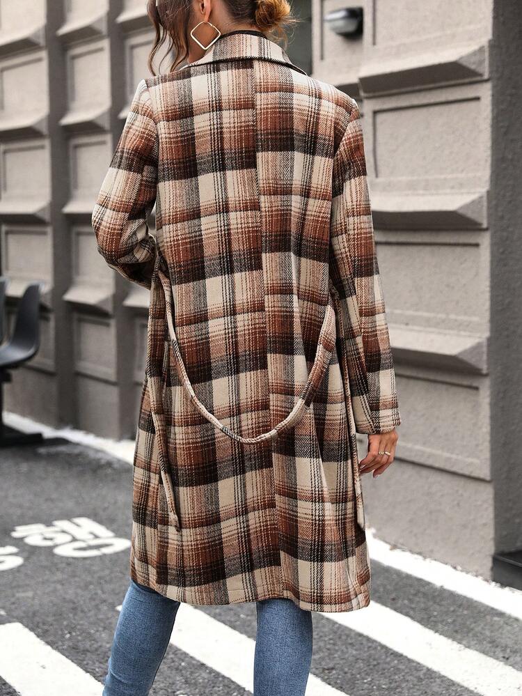 Plaid Print Lapel Neck Belted Overcoat Fall Cloth For Women