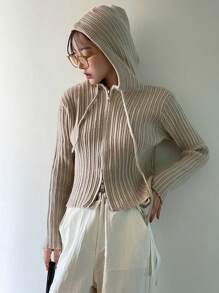 DAZY Đồ đan Ribbed Dây kéo Dây rút áo có mũ Áo len Mở - Màu be - Xem 5