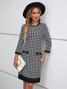 SHEIN LUNE Houndstooth Print Fitted Dress - Black and White - View 5